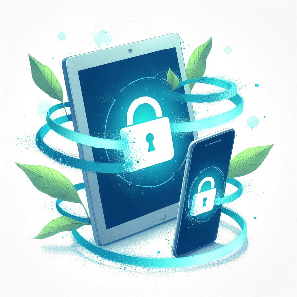 A laptop and tablet linked together by swirling ribbons. Both devices have a padlock onscreen to signify a secure connection.