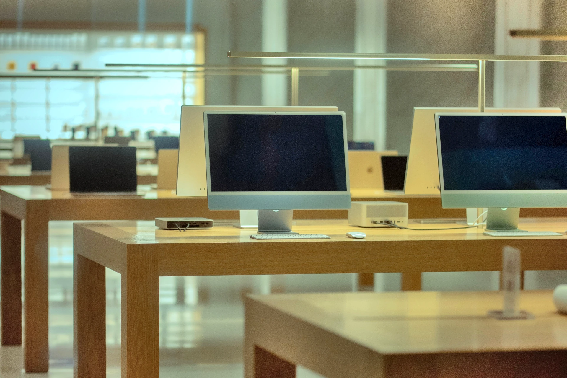 A row of public computers in a library.