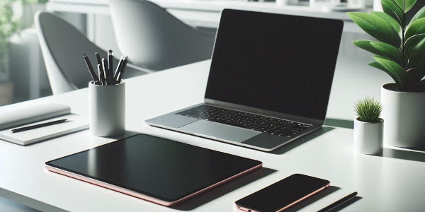 A laptop, tablet and smartphone on a desk in a modern office