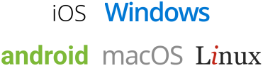The words iOS, Windows, android, macOS and Linux in their corresponding fonts and colors.