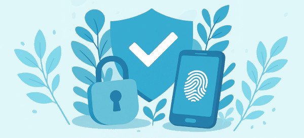 A vector-style image of a smartphone next to a shield and padlock, with some leaves and branches framing the scene.